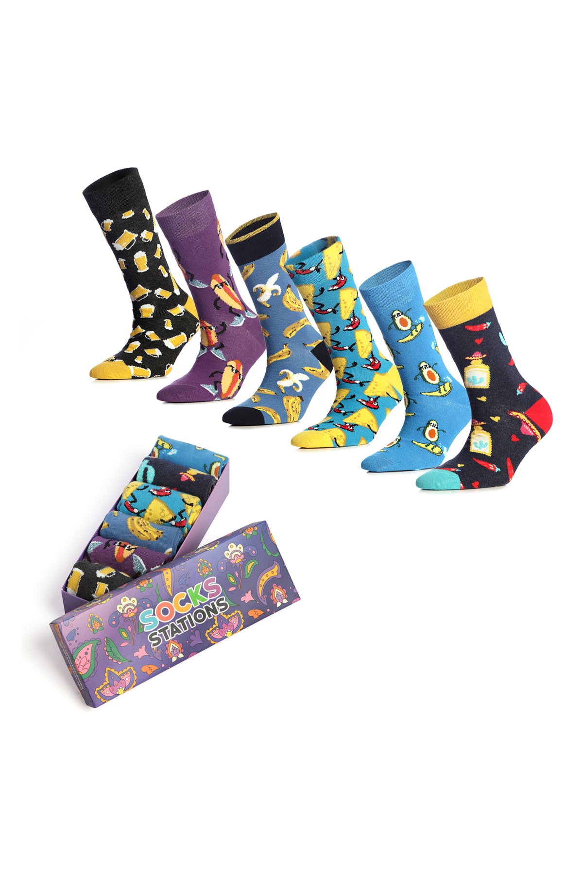 Socks Stations Desenli Renkli Soket Çorap Kutusu 6'lı Fast Food Neşeli Set