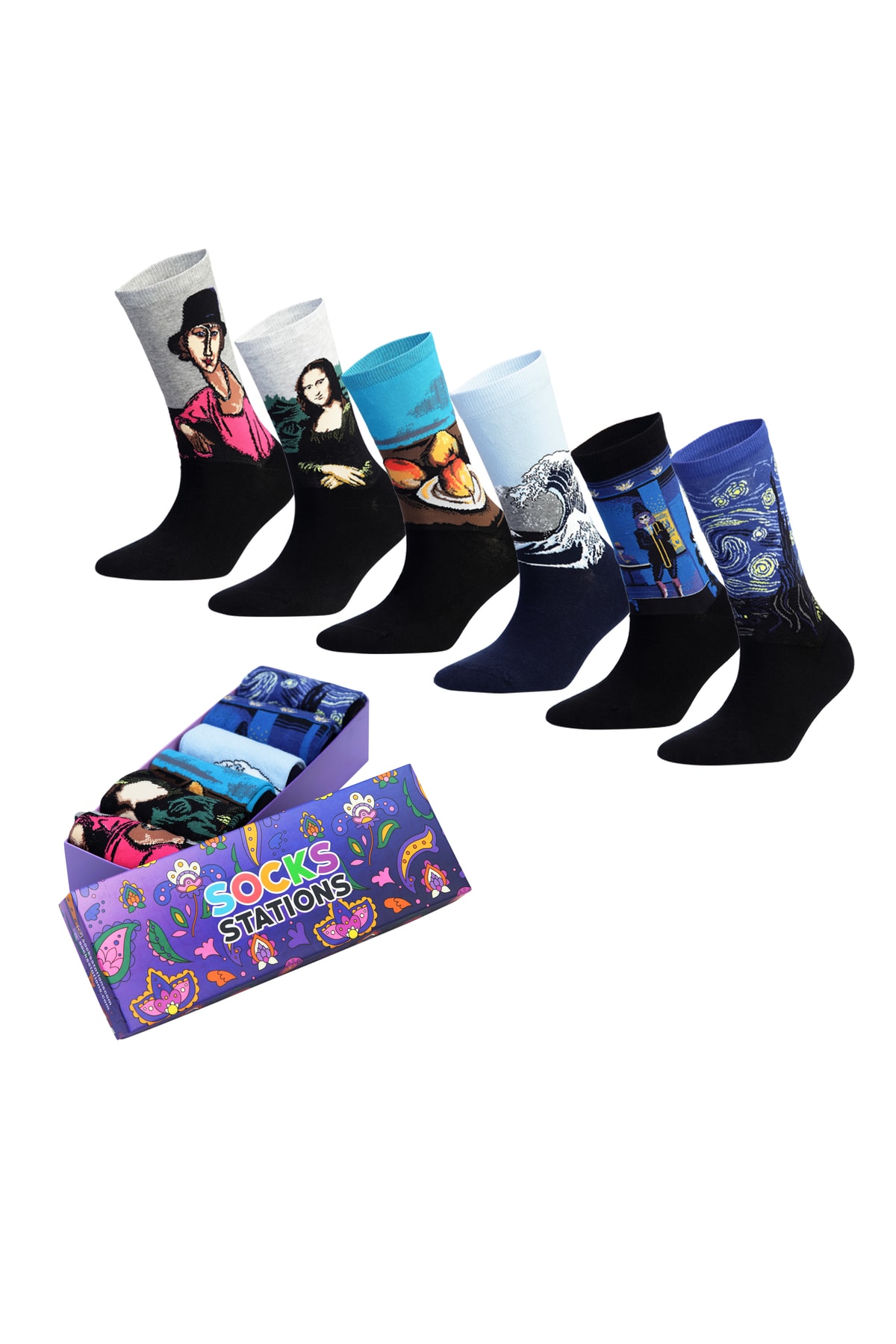 Socks Stations Desenli Renkli Soket Çorap Kutusu 6'lı Sanatsal Neşeli Set