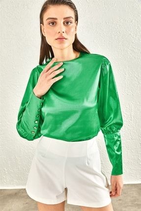 Kadın Arkası Düğmeli Saten Bluz Yeşil 22Y012162