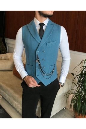 Italyan Stil Erkek Kışlık Kruvaze Kaşe Cepken Yelek Mavi T6383