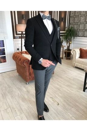 Italyan Stil Slim Fit Yün Ceket Yelek Pantolon Kombin Siyah T4460