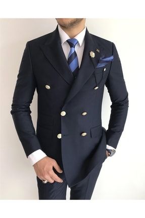 Italyan Stil Kruvaze Ceket Pantolon Takım Elbise Lacivert T4339