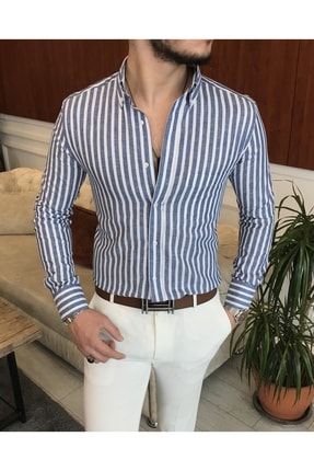 Italyan Stil Slim Fit Erkek Pamuklu Dik Yaka Gömlek Lacivert T7127