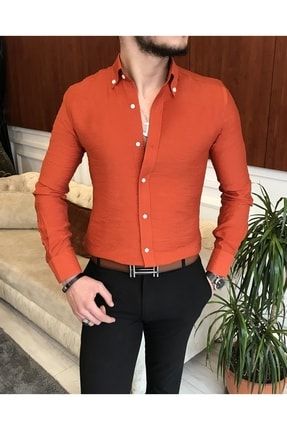 Italyan Stil Slim Fit Erkek Dik Yaka Gömlek Kiremit T7089