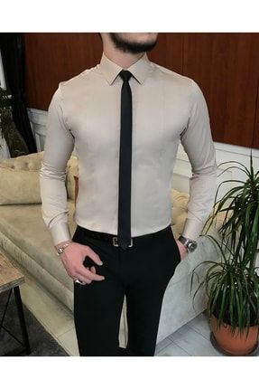 Italyan Stil Slim Fit Erkek Kravat Yaka Gömlek Bej T6821