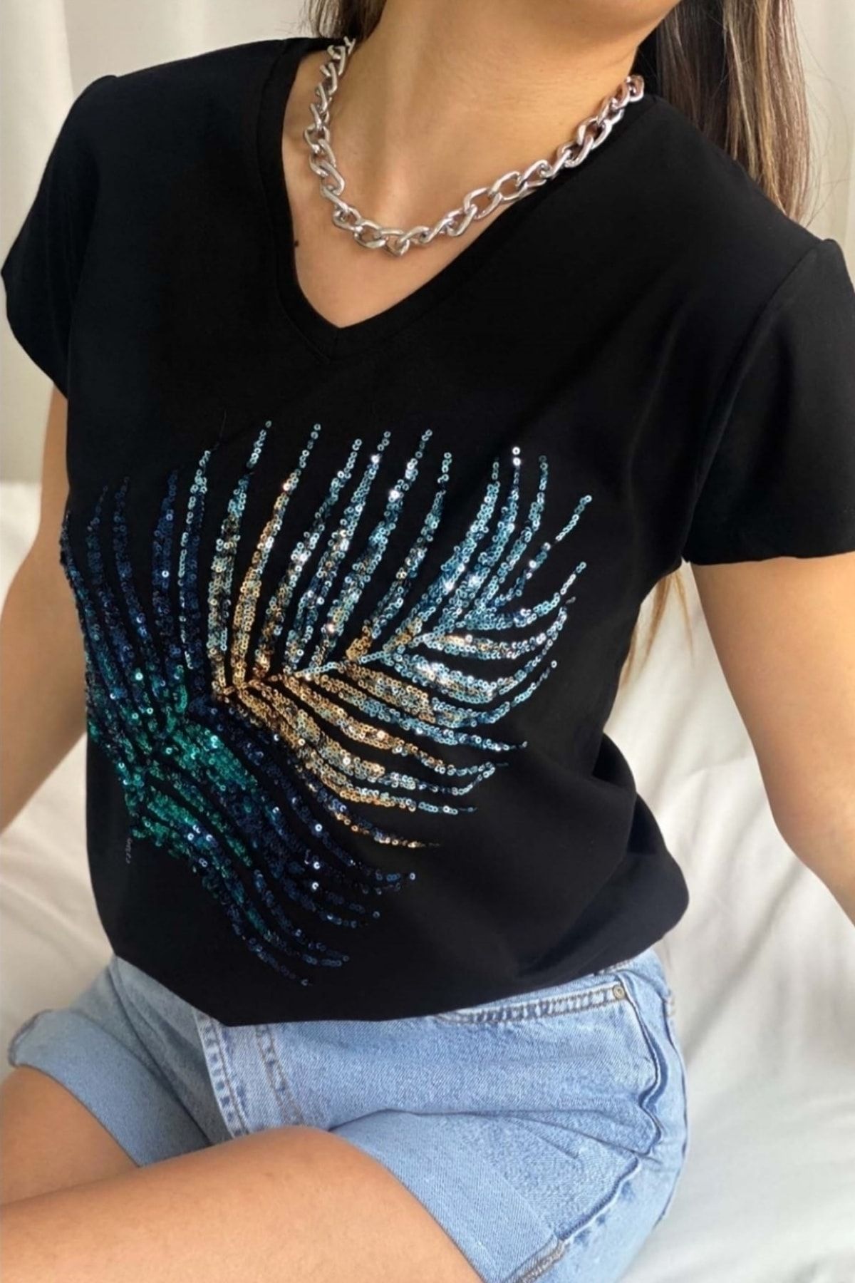 FEMELLE-Tricou din bumbac, negru, cu decolteu în V, cu paiete, broderie, cu paiete 2