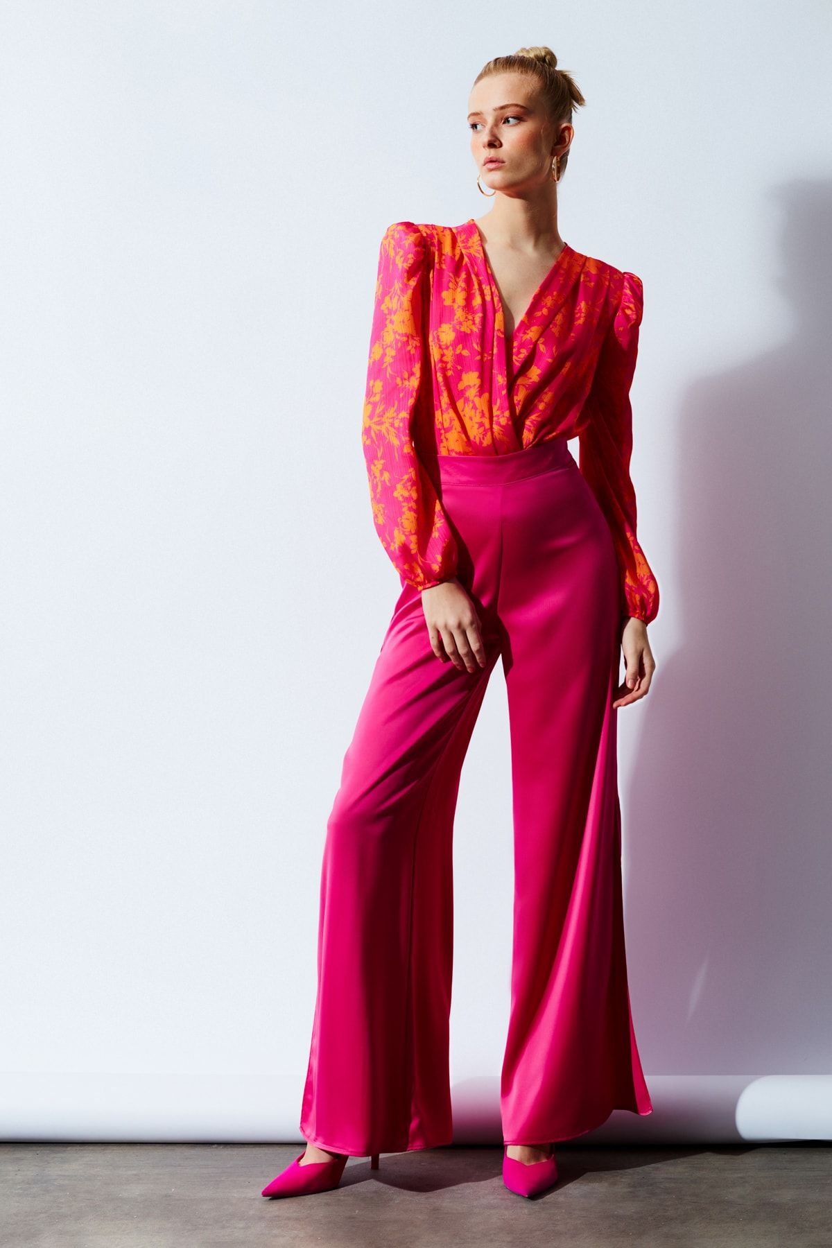 Sateen Yırtmaç Detaylı Saten Pantolon - Fuşya IR7154