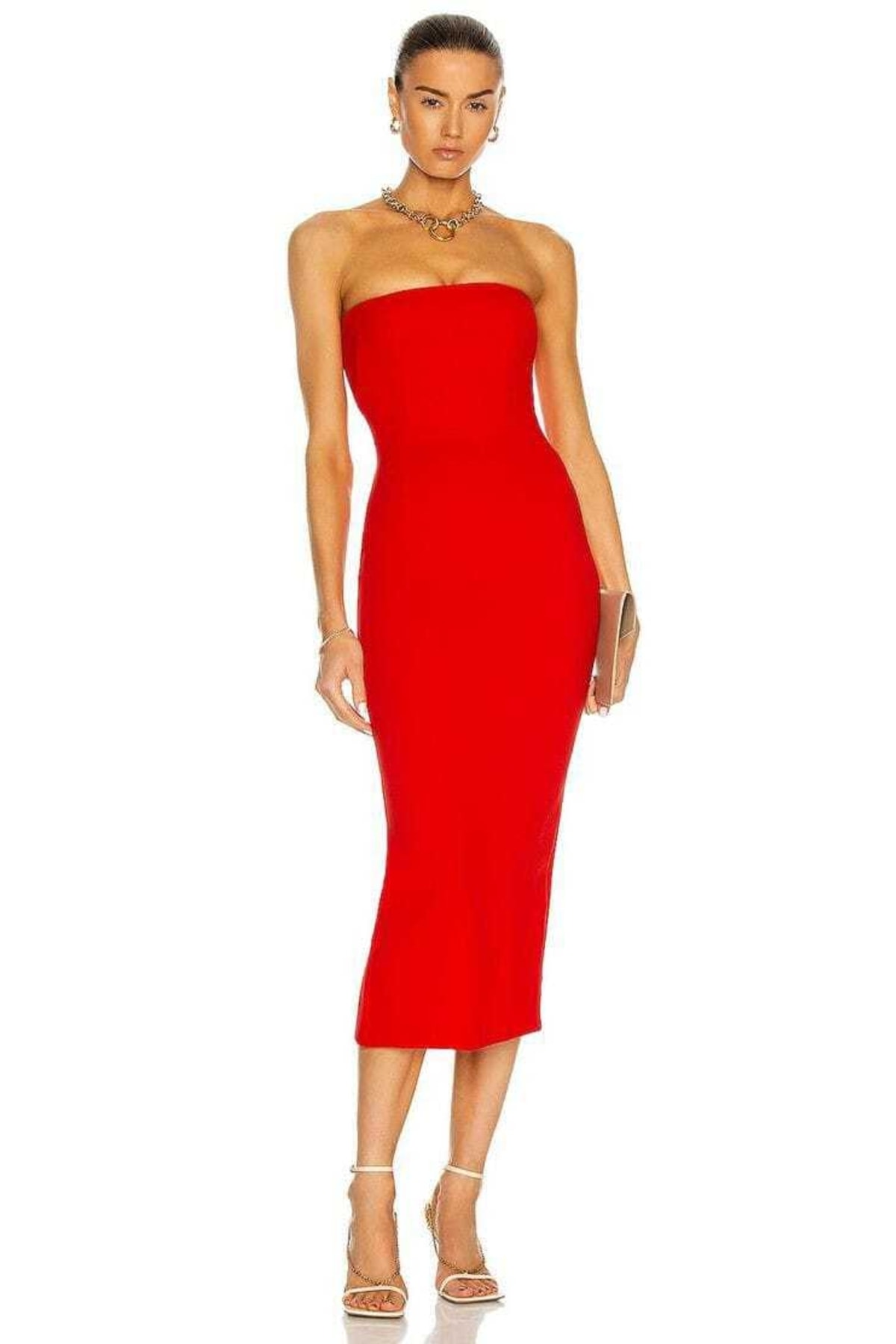 by serkan design Kadın Kırmızı Straplez Kesim Midi Elbise Çift Kat Kumaştan Üretilmektedır 0153wqv