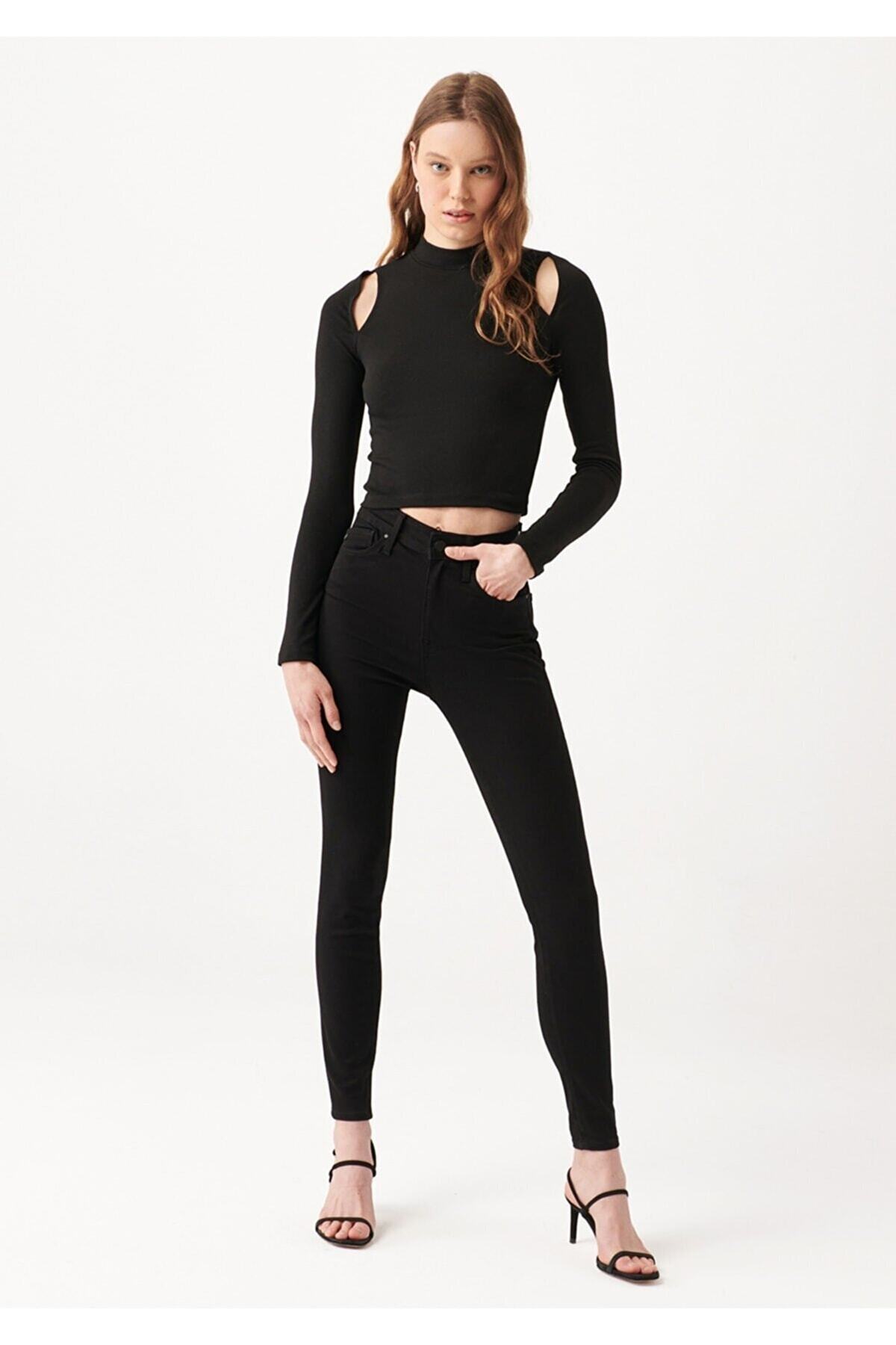 Camileo Black High Waist Wrap Skinny Narrow Leg Fading Jeans Trousers
