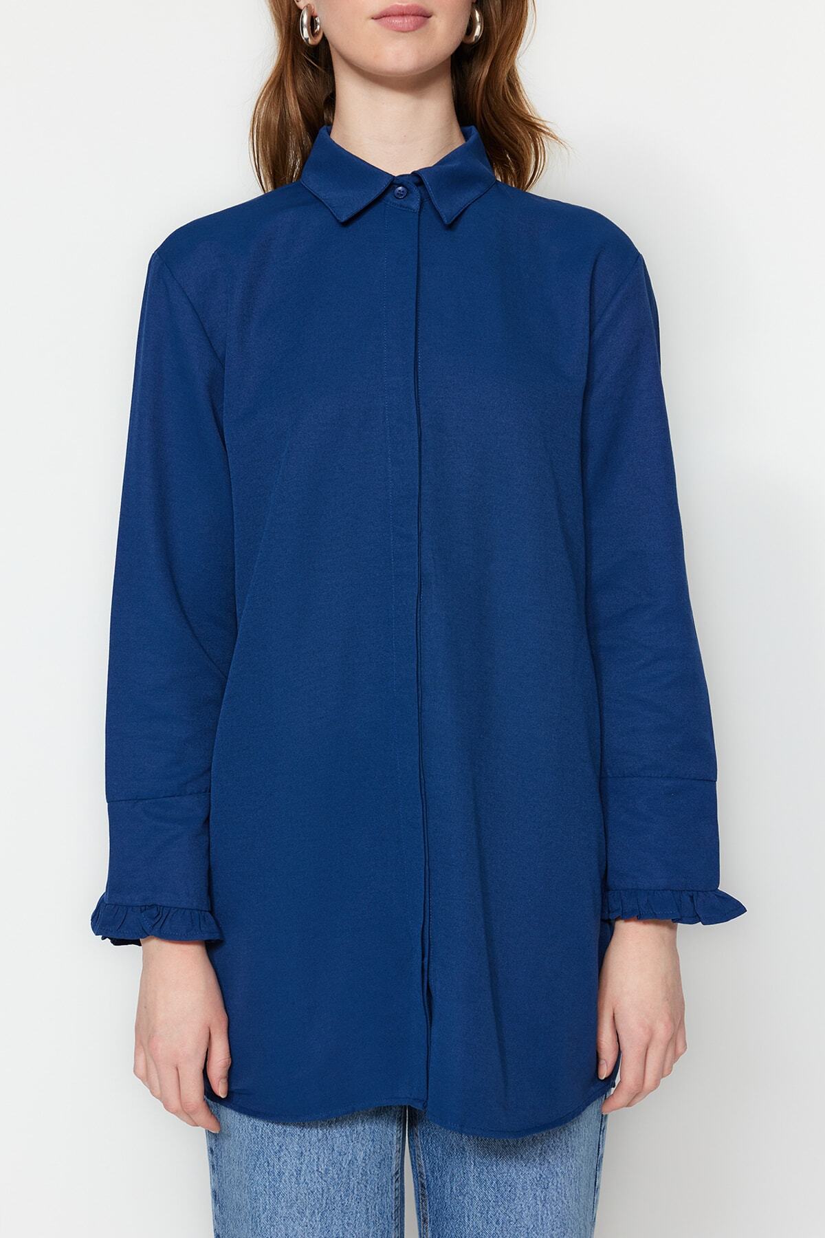 Trendyol Modest-Tkaná bavlněná košile Indigo Ruffle Denim Look TCTSS23TG00042 2