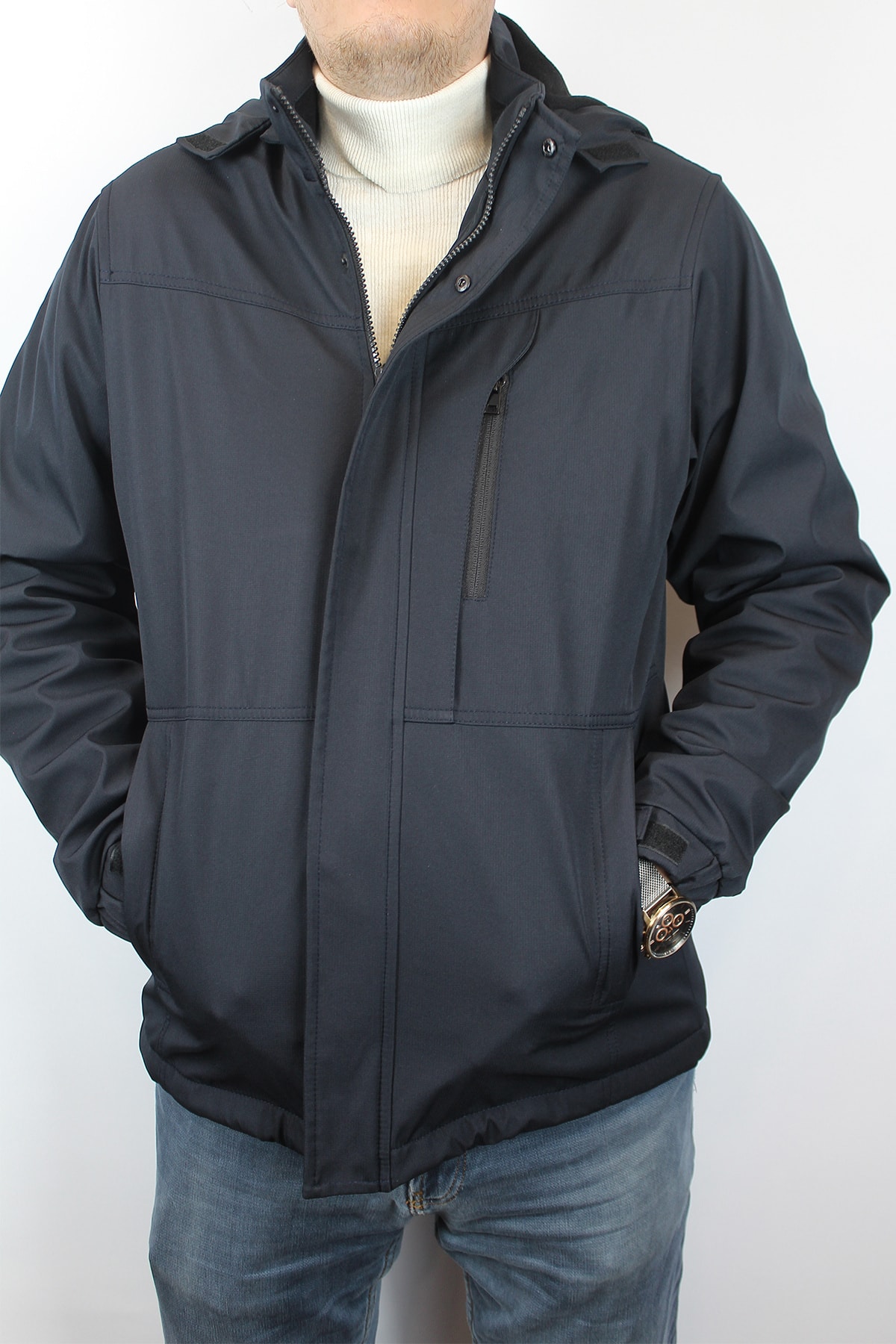 TANİŞ GİYİM Erkek Büyük Beden Ripstoplu Su Itici Softshell Içi Polarlı Kapüşonlu Lacivert Mountain Kaban