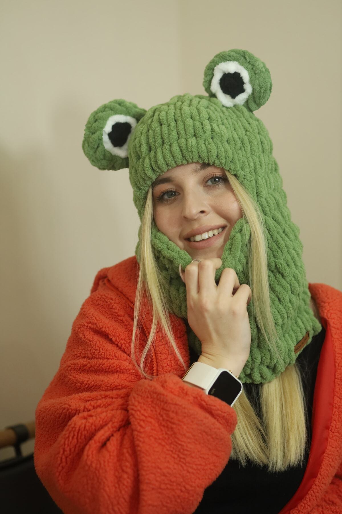 AidaAstrid Kurbağa Kulaklı Yeşil Puffy Bere Yeşil Şapka Kayak&snowboard Maske Şapka Balaclava görsel 4