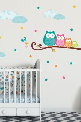 Tatlı Baykuşlar Bulutlar Bebek Odası Duvar Sticker Seti ws118