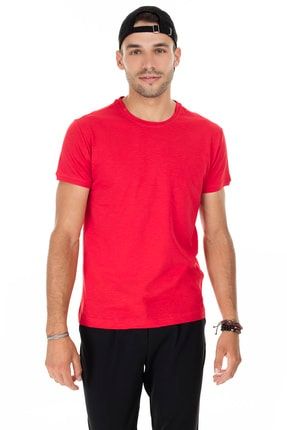 Erkek Kırmızı Bisiklet Yaka Pamuklu Standart Fit Basic T Shirt 4362084