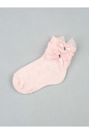 Kız Çocuk Pembe Fiyonklu Tüllü Taşlı Çorap 082-1356-021