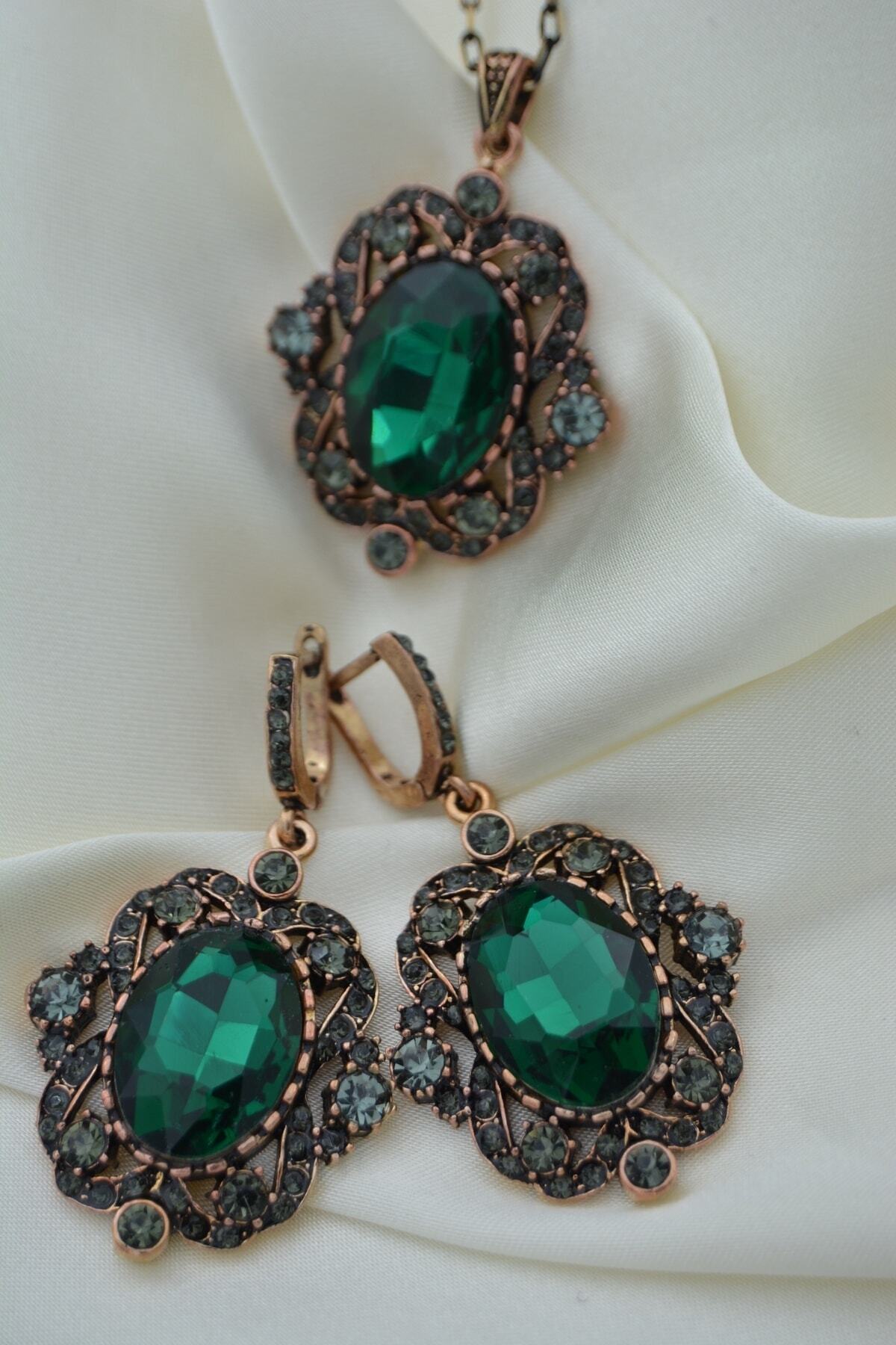 Stoneage-Emerald And Zircon Stone Necklace And Earring Set Set Green 5