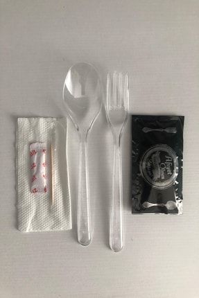 Plastik Çatal Bıçak Islak Mendil Kürdan Tuz Seti 1 Paket (100 Adet) Plastik catal bicak kasik seti