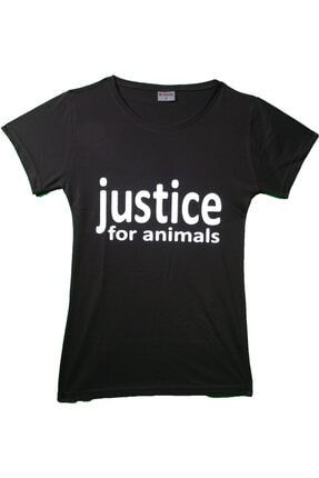 Kadın Siyah Justice For Animals Baskılı T-shirt 045