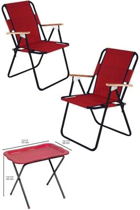 Romee Ahşap Kollu Katlanır Bahçe Kamp Sandalyesi Bordo + Sehpa Set 19005-5