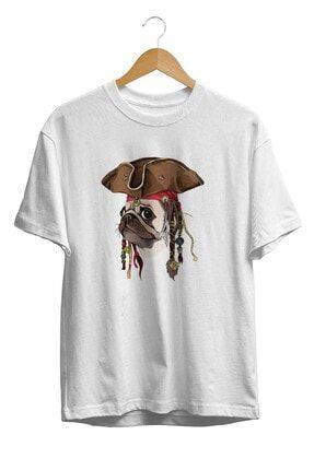 Unısex Beyaz Karayip Korsanı Sevimli Pug Köpek T-Shirt BRL-TS-0155