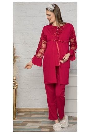 Kadın Kırmızı Dantelli Düğmeli 3'lü Lohusa Pijama Takımı 3304