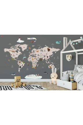 Dünya Haritası - Hayvanlar Alemi - Gri (çocuk Odası Duvar Kağıdı) 83238247A8BF02