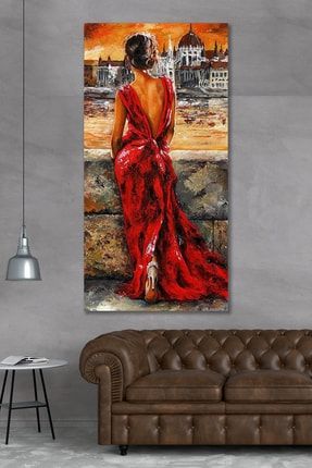 90x40 Cm Kırmızı Elbiseli Kadın Kanvas Duvar Tablo KEK503212
