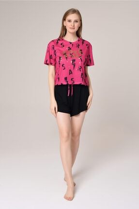 Kadın Pembe T-shirt Şort Pijama Takımı BLD-H021
