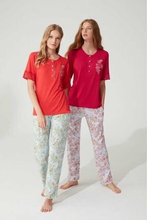 Kadın Pijama Takımı Yarım Kol Çiçek Desenli Kol Ucu Dantelli 4 Düğmeli 3700 P-0000000015168