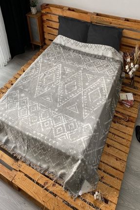 Moroccan Çift Taraflı Pamuklu Gri - Beyaz Saçaklı Battaniye 150x200 cm MoroccanBattaniyeTekKişilik150x200