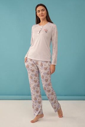 Kadın Renkli Klasik Devore Baskı Uzun Kol Pijama Takımı KE4067