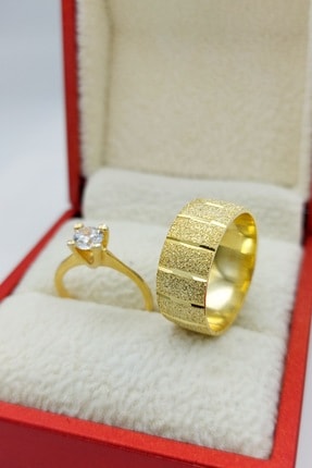 Silver Self Gümüş Alyans Tektaşlı Altın Kaplamalı Üç Yan Çizgili