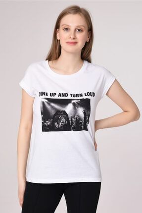 Kadın Beyaz Baskılı Kısa Kol T-shirt BLD-MG002