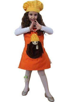 Kız Çocuk Aşçı Kıyafeti Amigurumi Oyuncak Bebek Figürlü Askılı Mutfak Önlüğü ve Kep Takım Turuncu 1407