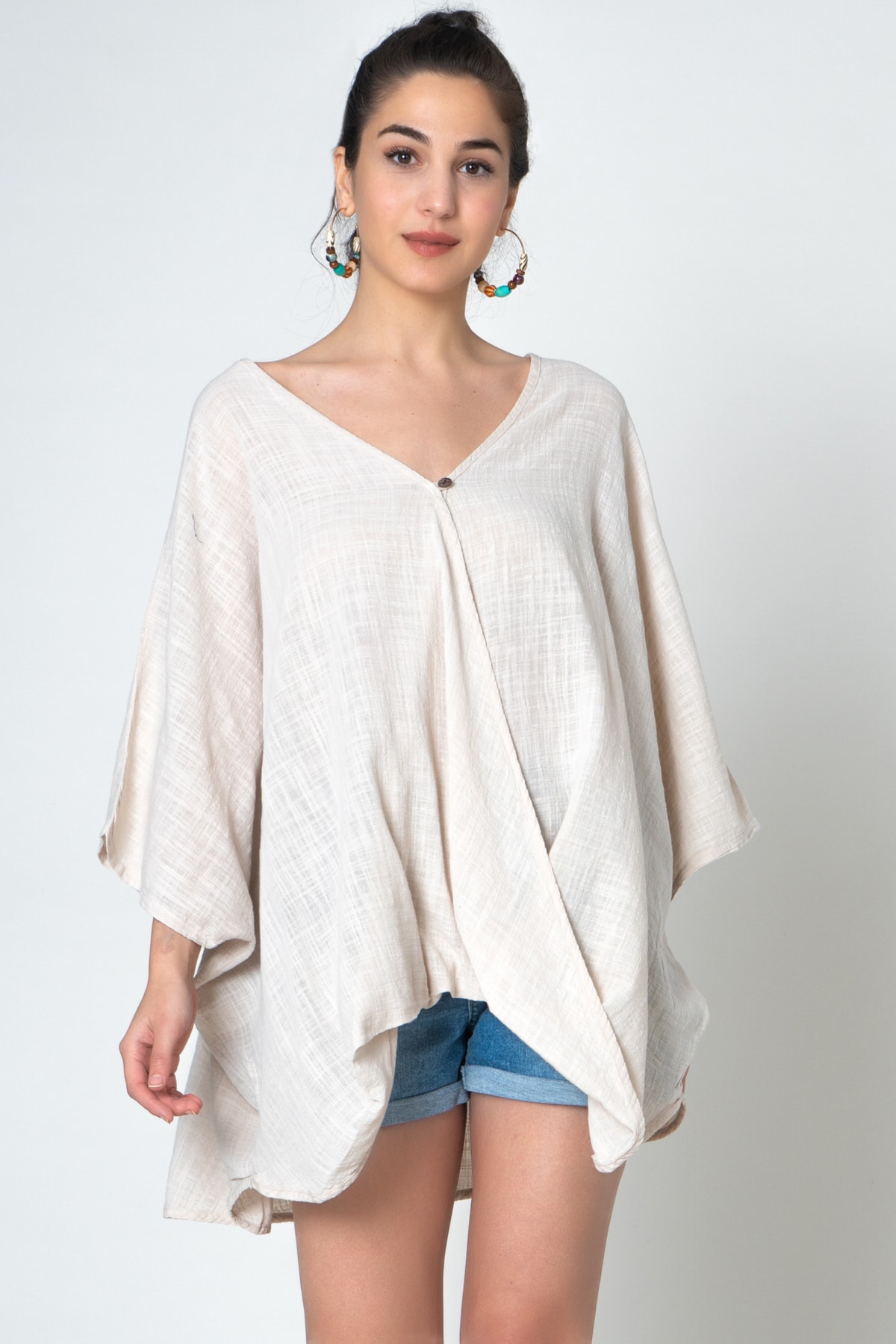 Oversize Button Front V-Neck Design Wrap Blouse Beige