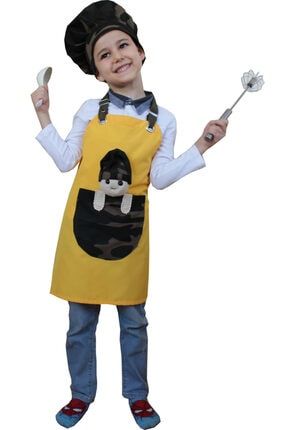 Erkek Çocuk Aşçı Kıyafeti Amigurumi Oyuncak Bebek Figürlü Askılı Mutfak Önlüğü ve Kep Takım - Sarı 1412