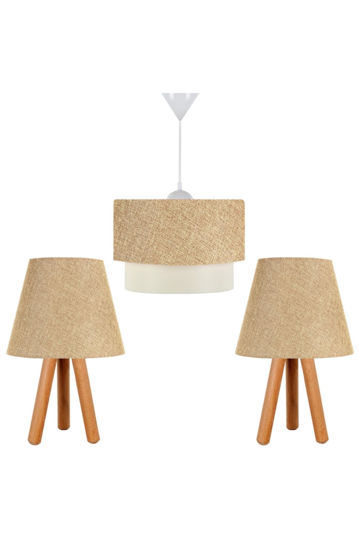 EvLight-Set of 3 Chandelier and Nightstand Wooden Lampshade Kumbeige 1