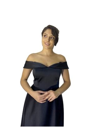 Kadın Uzun Abiye Saten Omuz Askılı Elbise Siyah 21533