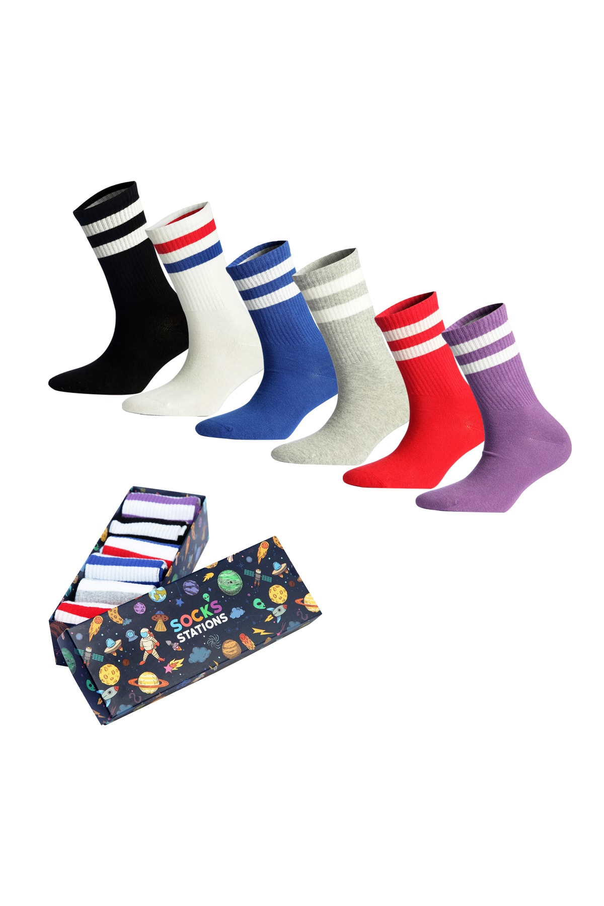 Socks Stations Desenli Renkli Tenis Çorap Kutusu 6'lı Çift Çizgi Neşeli Set