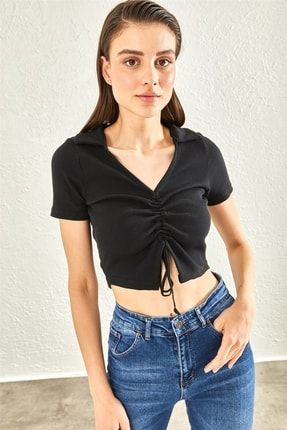 Kadın Polo Yaka Bağlamalı Crop Tshirt Siyah 22Y001352