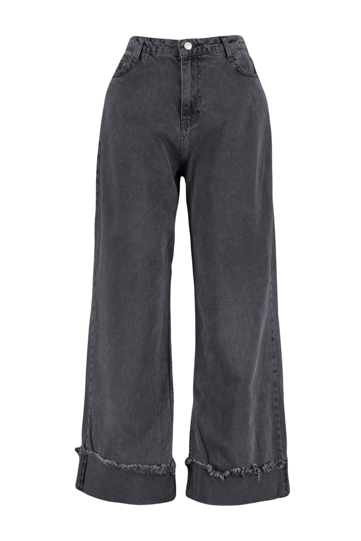 Trendyol Curve Gri Yüksek Bel Paçası Kıvırma Detaylı Wide Leg Jeans TBBSS23CJ00002