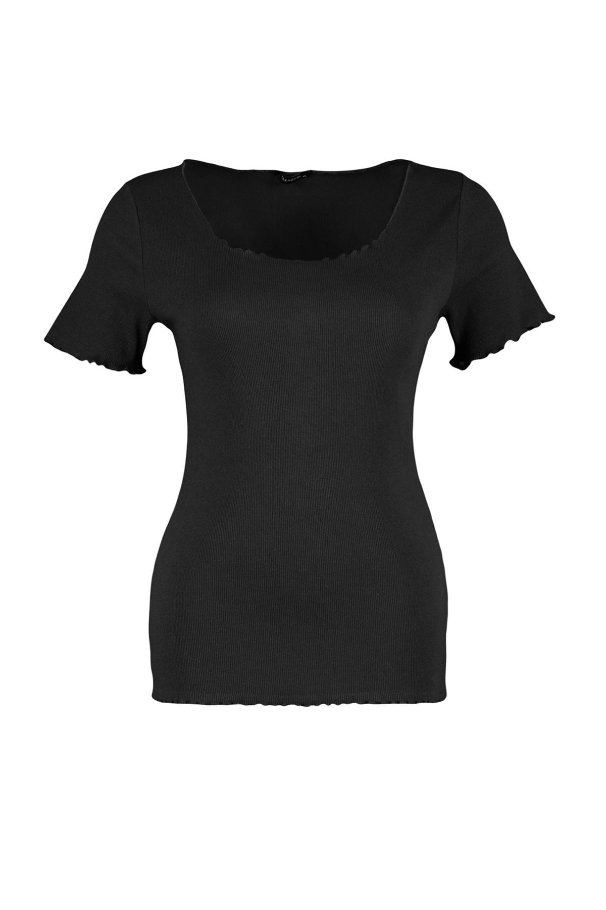 Trendyol Curve-Schwarze, gerippte, gestrickte Plus-Size-Bluse mit Rundhalsausschnitt TBBSS23BF00010 6