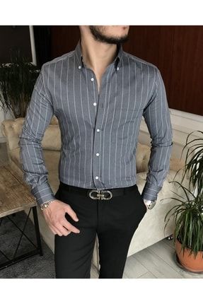 Italyan Stil Slim Fit Erkek Pamuklu Dik Yaka Gömlek Antrasit T7123