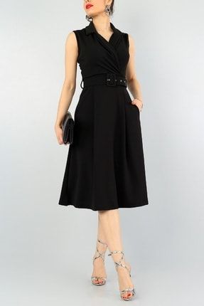 Kadın Siyah Esnek Kumaş Kruvaze Yaka Kemer Detaylı Pileli Dizaltı Elbise 59434 4S1B-DKS-012