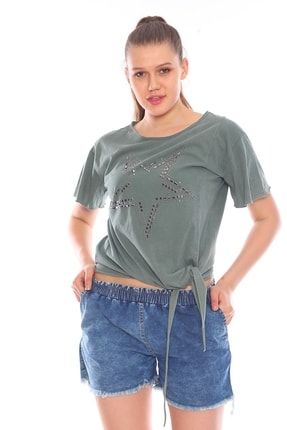 Metal Taş Işlemeli Yandan Bağlamalı Kadın Tişört STK400