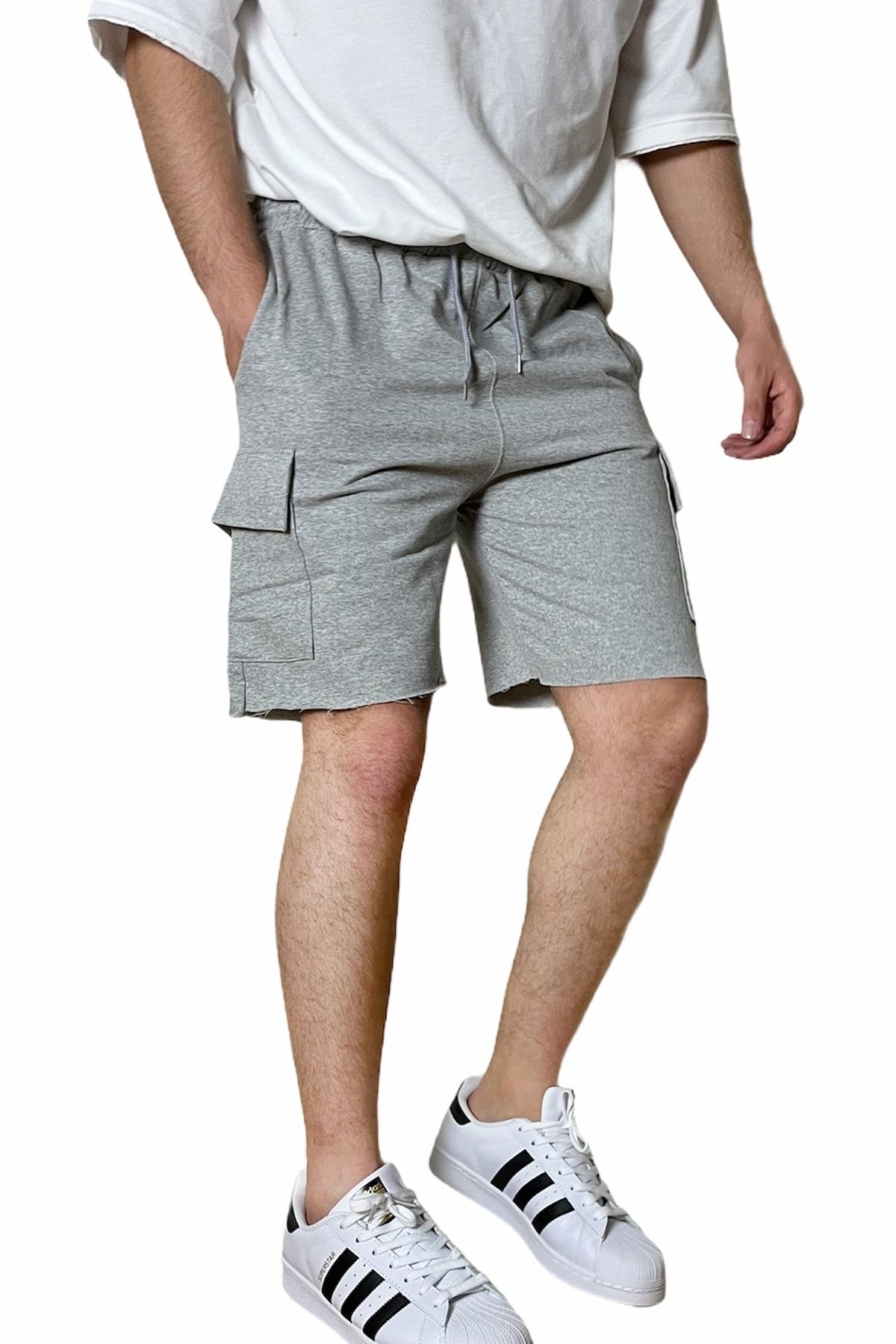 aksesuargo Erkek Gri Slim Fit Beli Lastikli Kargo Cep Şort