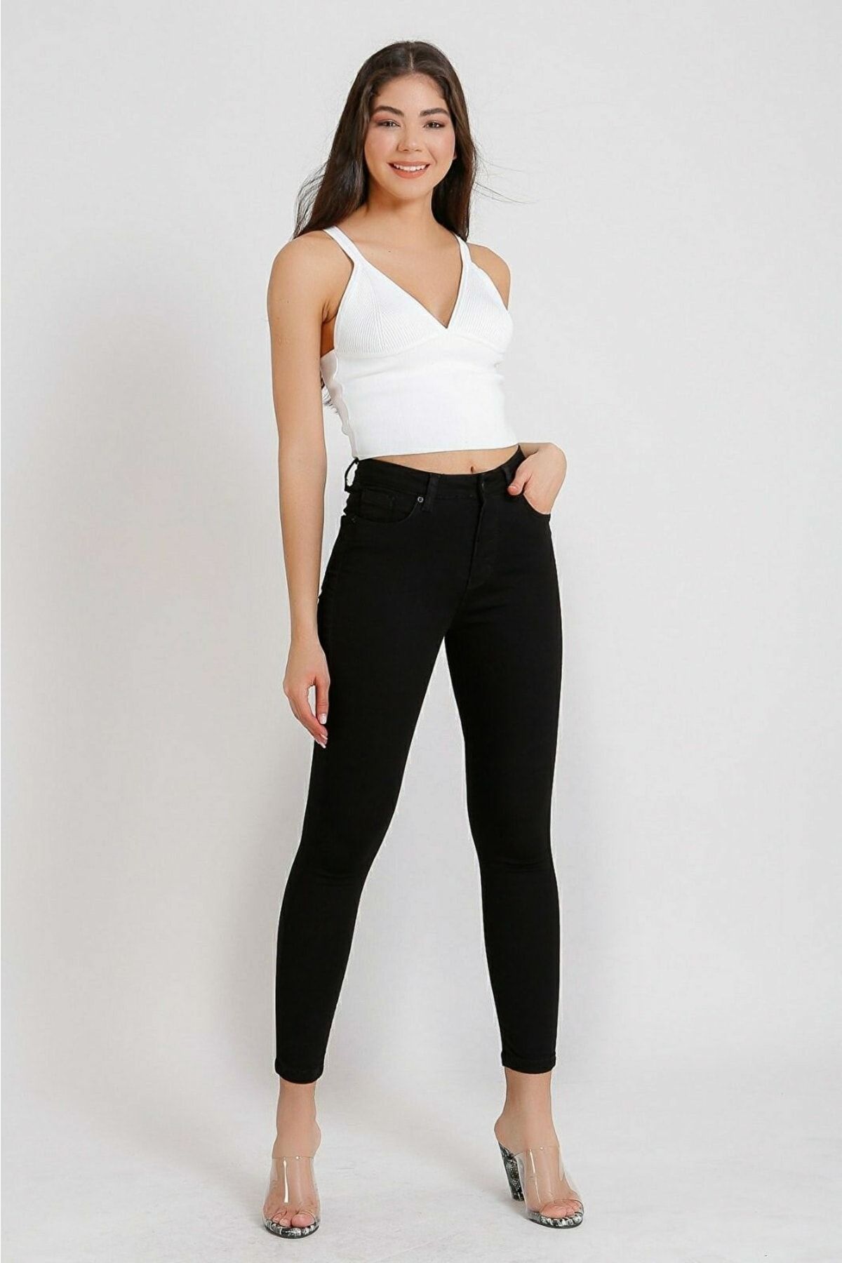 Livik Mikita Black High Waist Slim Skinny Slim Leg Colorfast Jeans