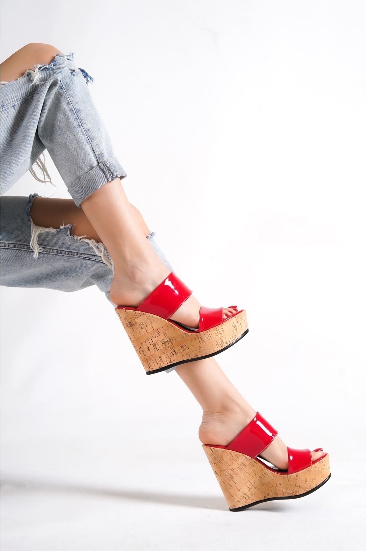 owwox club Victory Red 12 Cm Cork Heeled Women s Slippers Trendyol