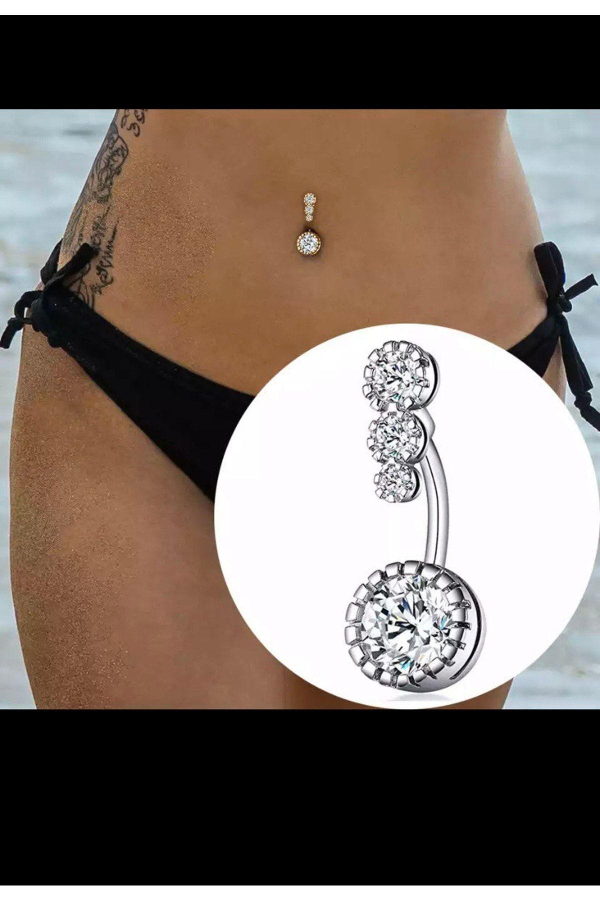 Cerrahi Çelik Zirkon Taşlı Gümüş Renk Göbek Piercingi