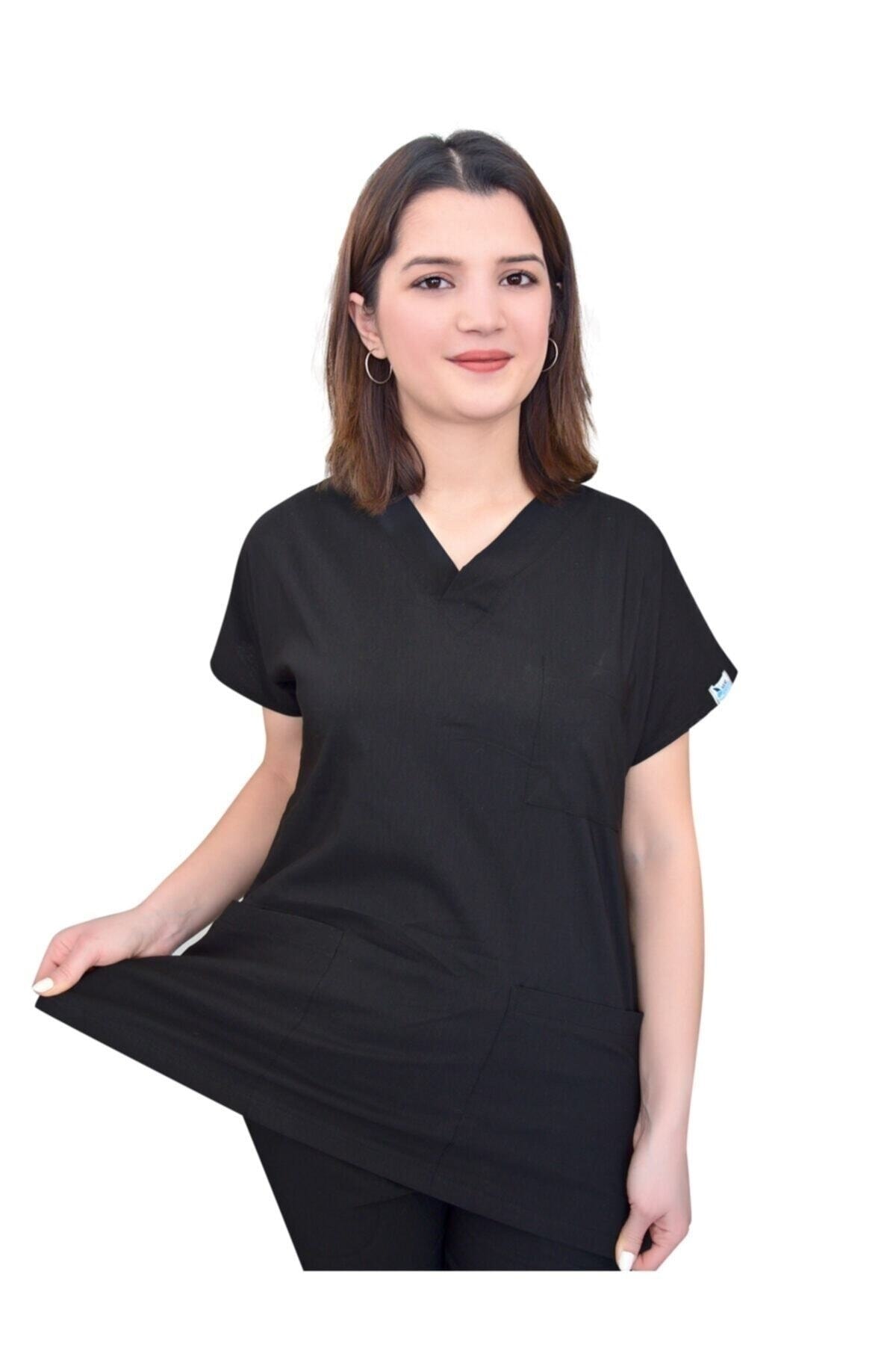 Nur Medikal Giyim Unisex Siyah Likralı Tek Üst Forma Scrubs